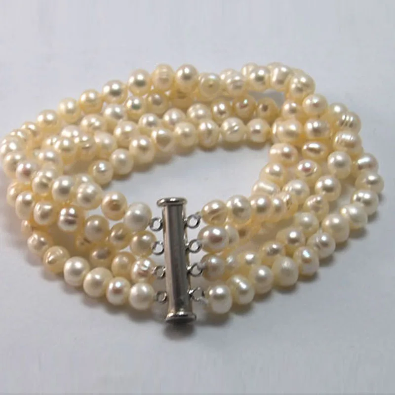 4 rows 7.5 inches 6-7 mm Natural White Fresh Water Pearl Bracelet