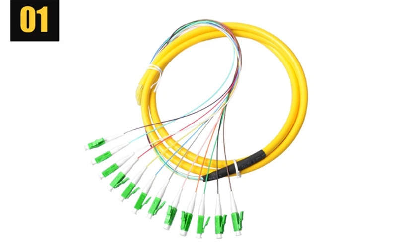 12core LC/APC حزمة أسلاك التوصيل المصنوعة من الألياف الضوئية الملونة 1.5mtr 9/125um SM ftth كابل 12 منفذ مع سترة صفراء مصنع ELINK
