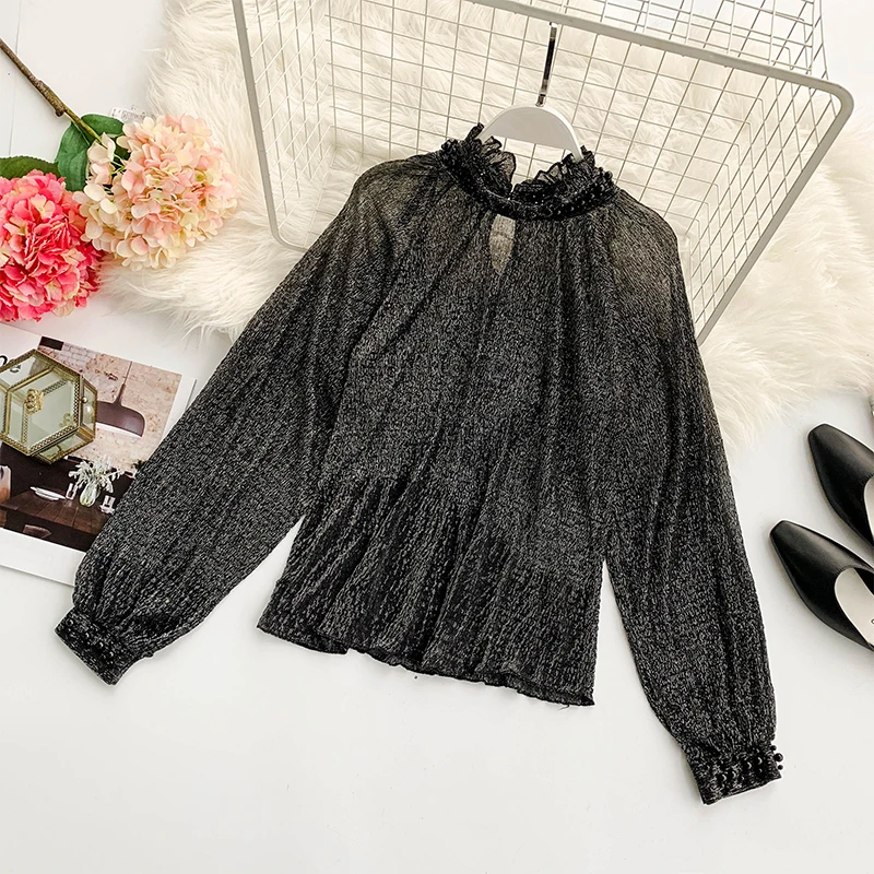 HISUMA 2019 spring new women Chic Bright Silk beading Semi-high collar Bubble Sleeve Loose Shirt female elegant blouse top