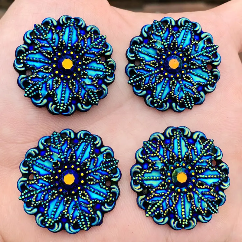 4pcs Round & Flower Powwow Flat Back Resin Rhinestone Stones and black AB Gems For DIY Costume Button Crafts 35mm -S03