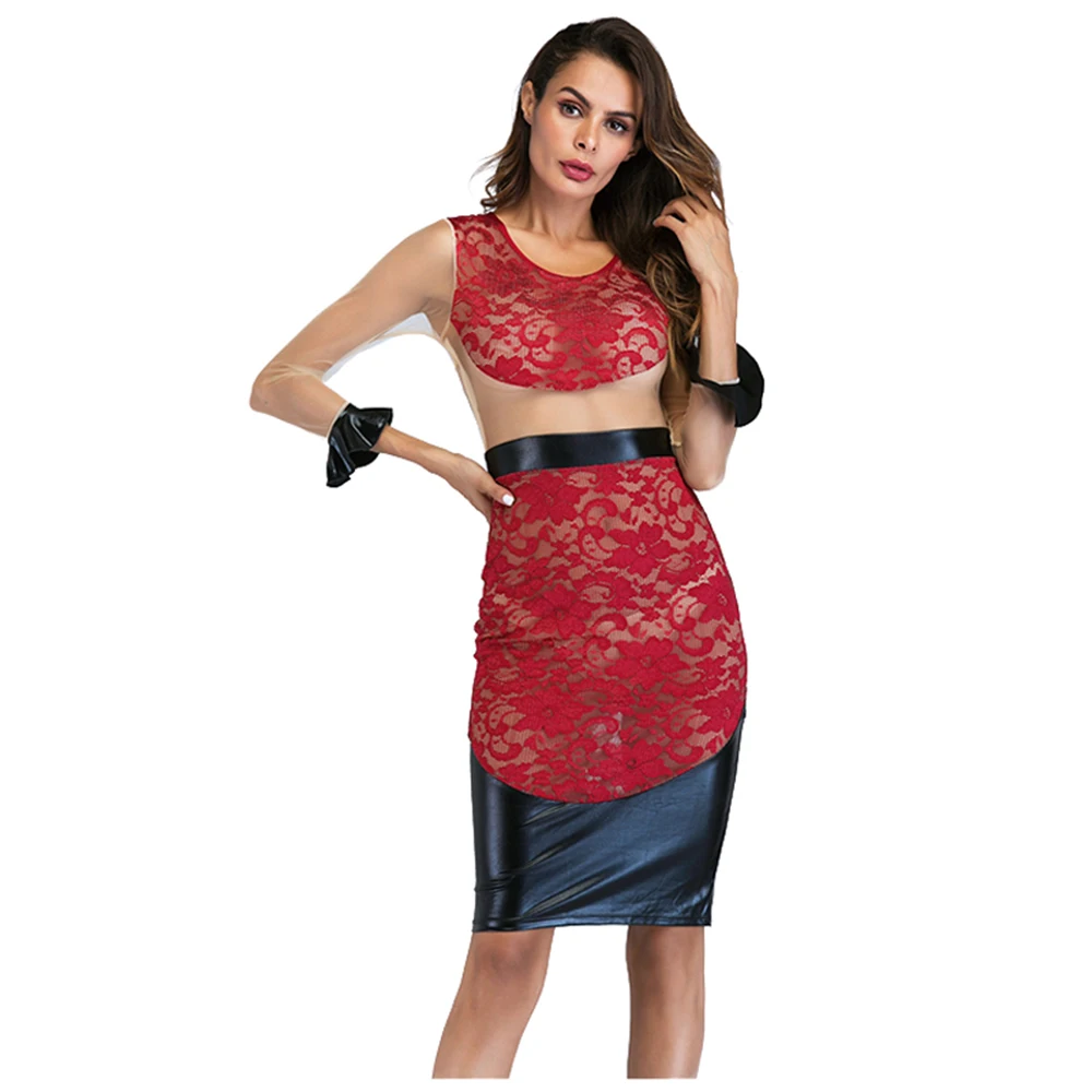 Sexy Women Lace Floral Dress Sheer Mesh Spring Boho Bodycon Dress See-through Black Red Pachwork Dress Knee Length Elegant Dress