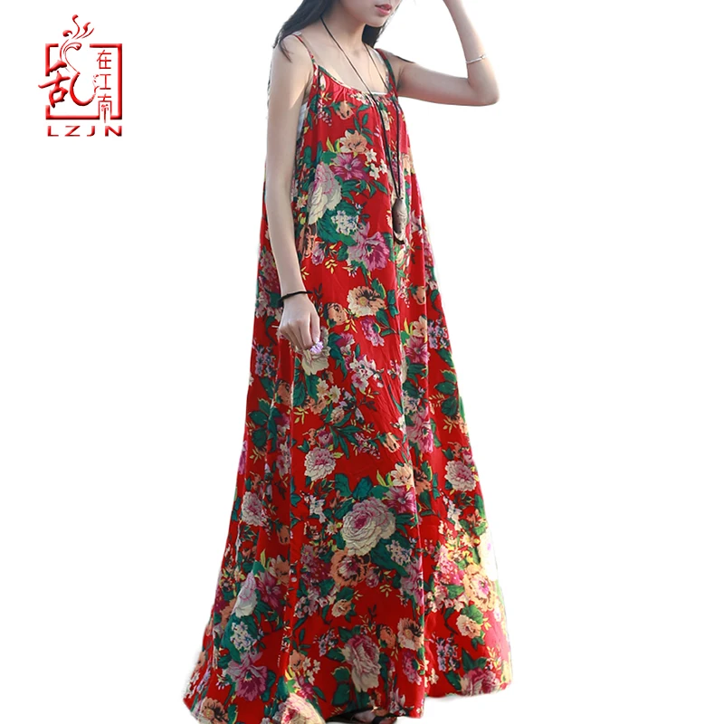 

LZJN Original Maxi Slip Dress 2020 Summer Sarafan Cotton Linen Sundress Elegant Robe Femme Long Tunic Floral Women Beach Dresses