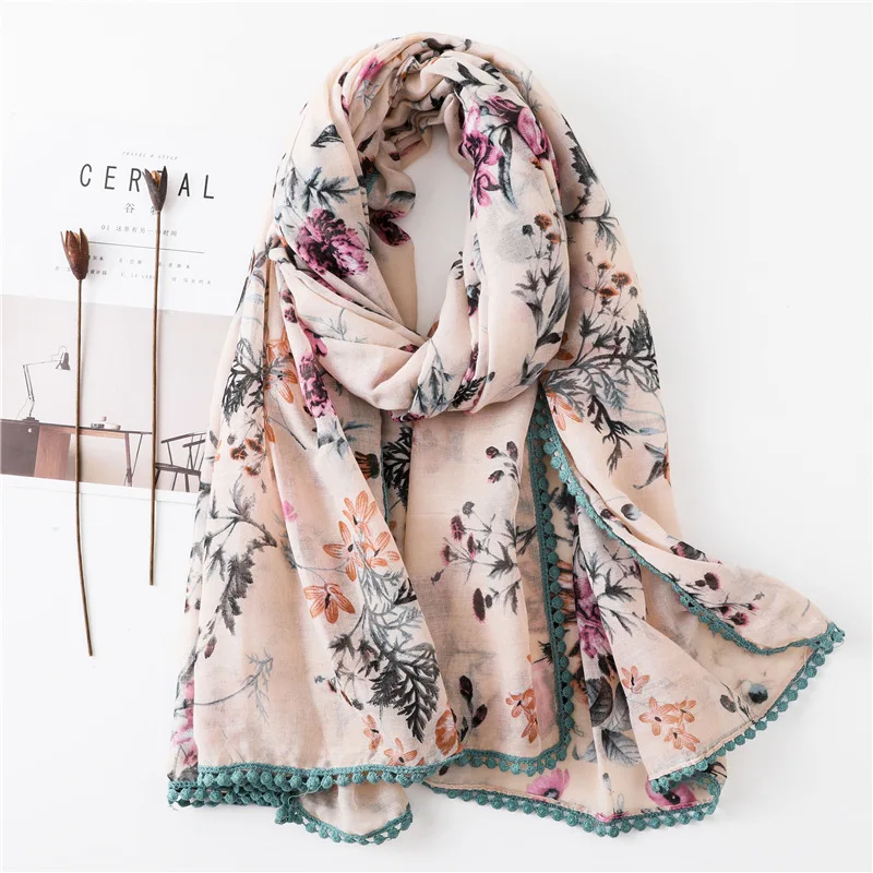 2018 Fashion Beautiful Poppy Print Pompon Trim Shawls And Scarves Long Viscose Floral Wrap Hijab