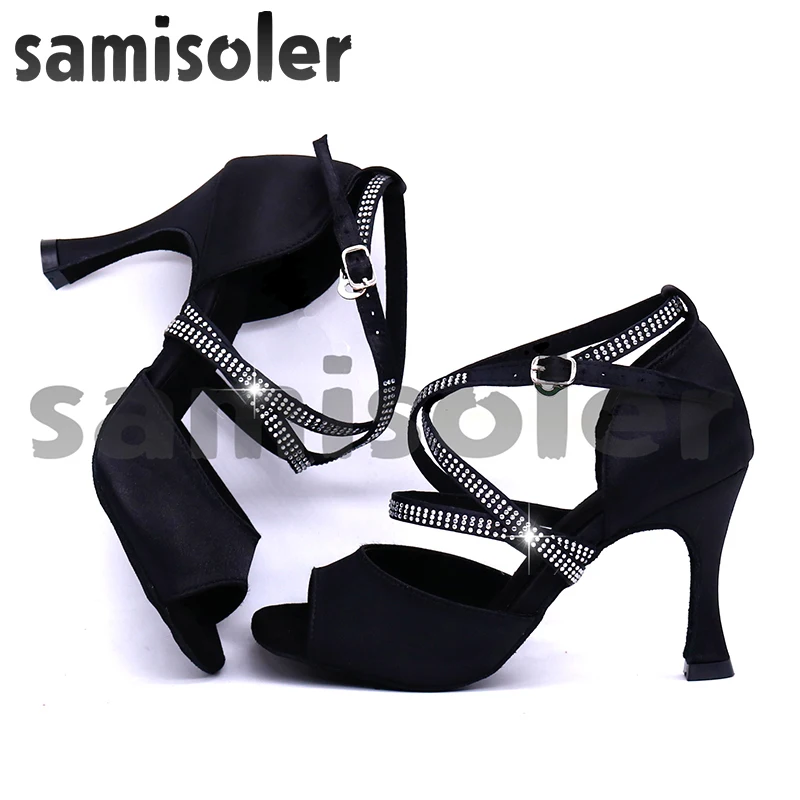 Samisoler Satin Style Ballroom Dance Shoes Women with Black Party ladieslatin dance shoes black Women Latin Dance Shoes