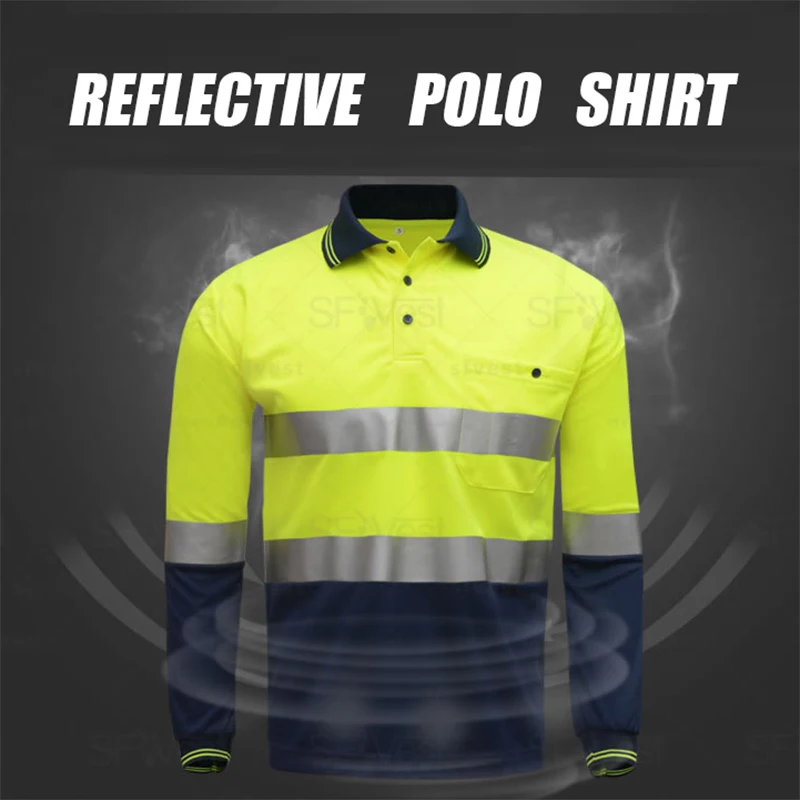 

High Visibility Safety Work Polo T-shirt Two Tone Working Shirt Long Sleeves with Heated Bright Silver Reflective Straps