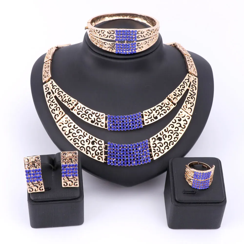 Women Dubai Gold Color Crystal Necklace Earrings Bangle Ring Jewelry Nigeria Bride Wedding Party Gifts Jewelry Set