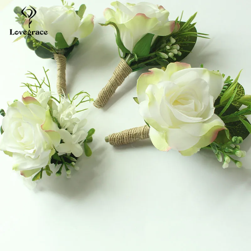 Wedding Accessories Corsages White Roses Groom Boutonnieres Flowers Groomsmen Buttonhole Marriage Pin Guests Silk Wrist Corsages