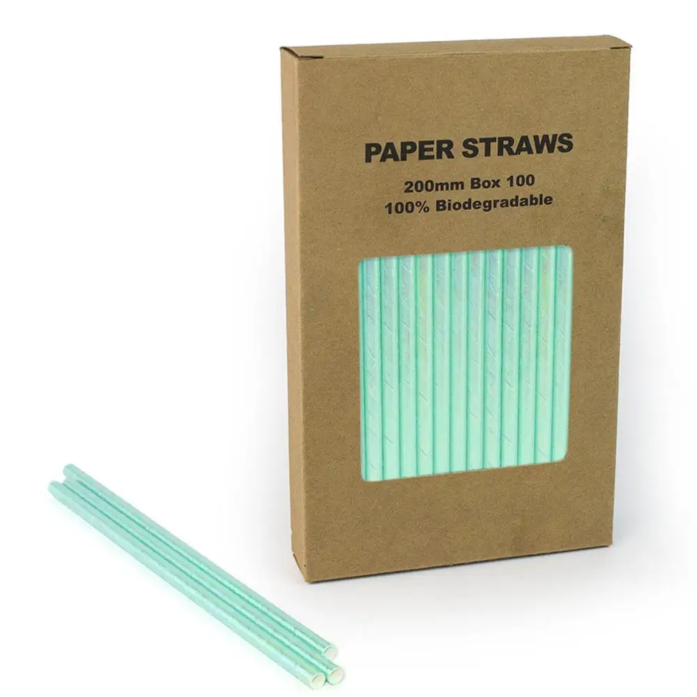 

100 Pcs/Box Mint Iridescent Foil Paper Straws,Aqua Blue Holographic Unicorn Rainbow Wedding Birthday Party Baby Shower Beverage