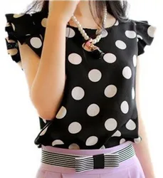 Elegant Short Sleeve Women Tops Chiffon Blouses New Fashion Summer Slim Women Polka Dot Print Chiffon Shirt O-Neck Blusas