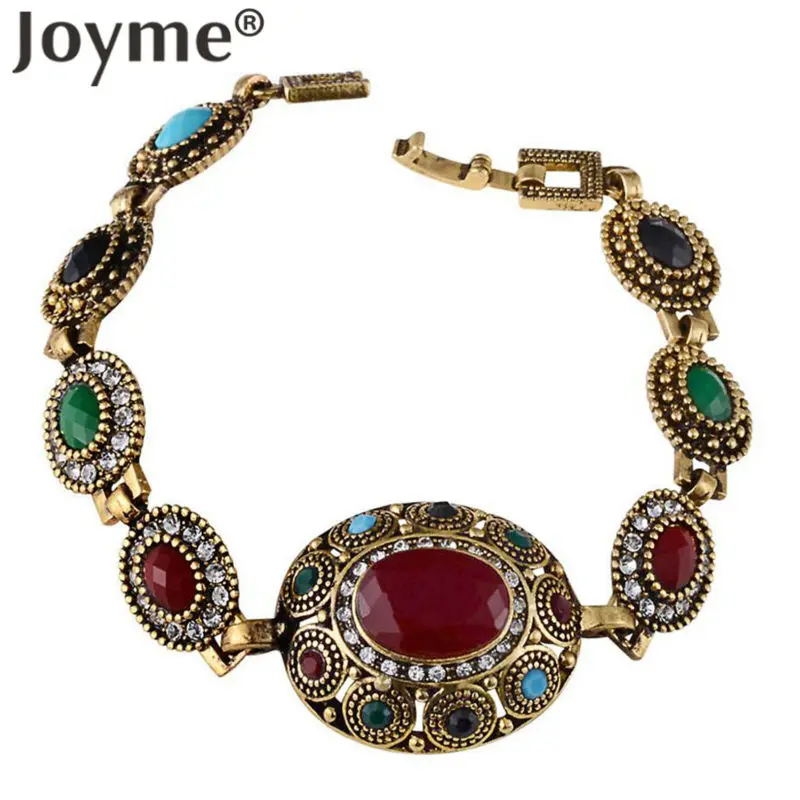 Turkish Jewelry Ethnic Bohemian Bracelets For Women Red Gem Stone Black Resin Tribal Gold-Color Femme Bracelet Jewellery