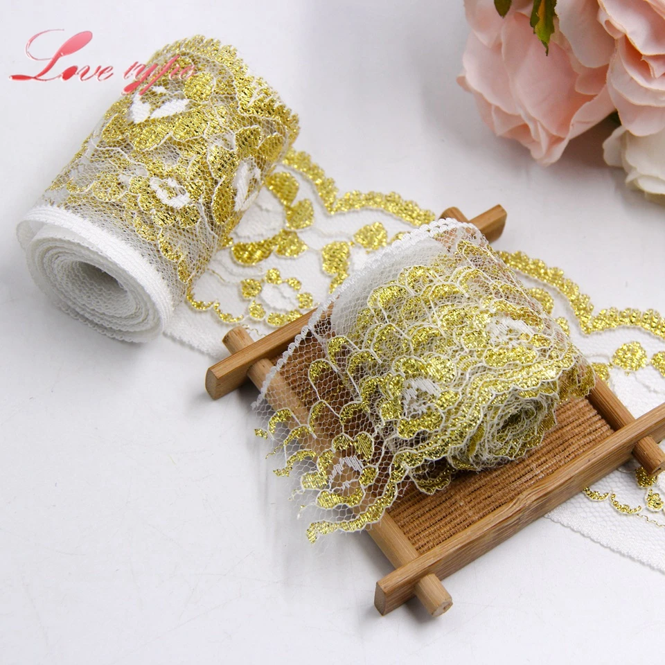 3 Sizes 10Yards Gold Embroidered Lace Ribbon Soft Net Lace Trim Fabric Handmade DIY Sewing Wedding Party Decoration Supplies