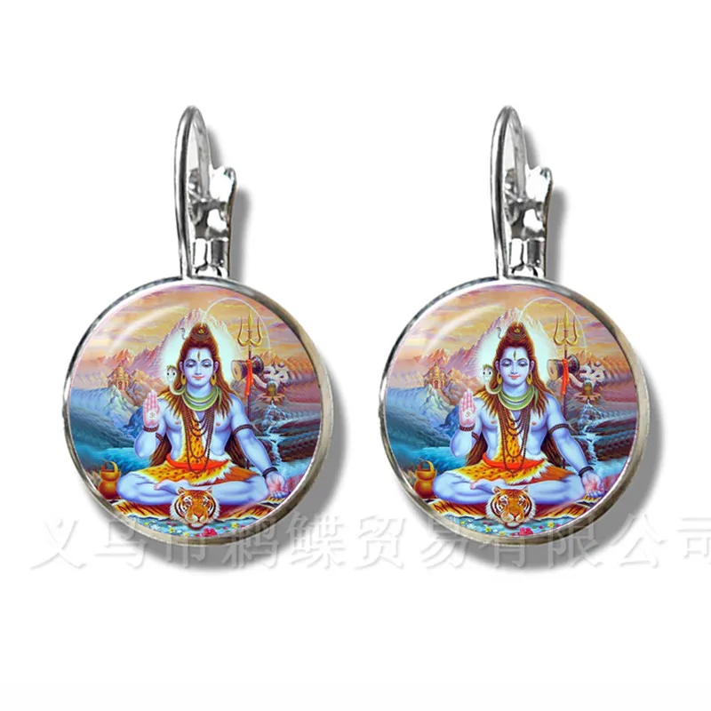 Classic India Earrings God Brahma,Vishnu, Lord Shiva Jewelry 16mm Glass Cabochon Silver Plated Stud Ear Religion Jewelry Gift