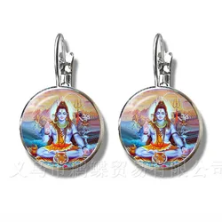 Classic India Earrings God Brahma,Vishnu, Lord Shiva Jewelry 16mm Glass Cabochon Silver Plated Stud Ear Religion Jewelry Gift