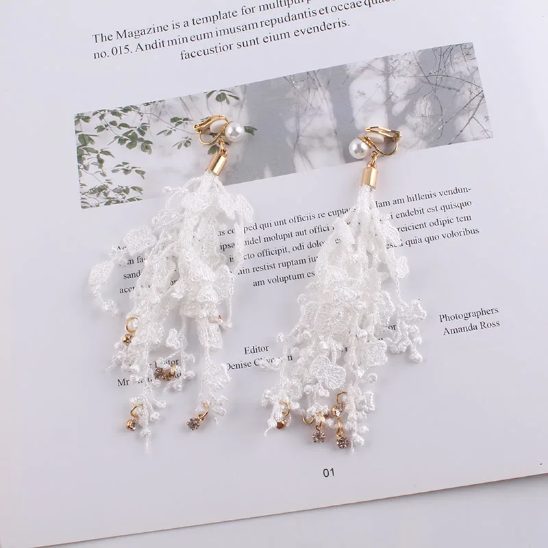 JIOFREE Fashion Clip on Earring no pierced Female Hanging Tassel Flower Fringe Statement Boho Lace Women Wedding Pendant Jewelry