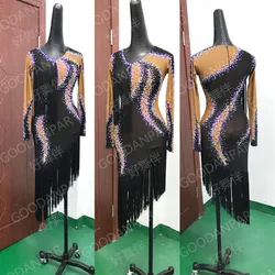 New Latin Dance Dresses Standard Long Sleeve SS20 AB Stones Stage Dance Wear Custom Made Black Ladies Sexy Latin skirt