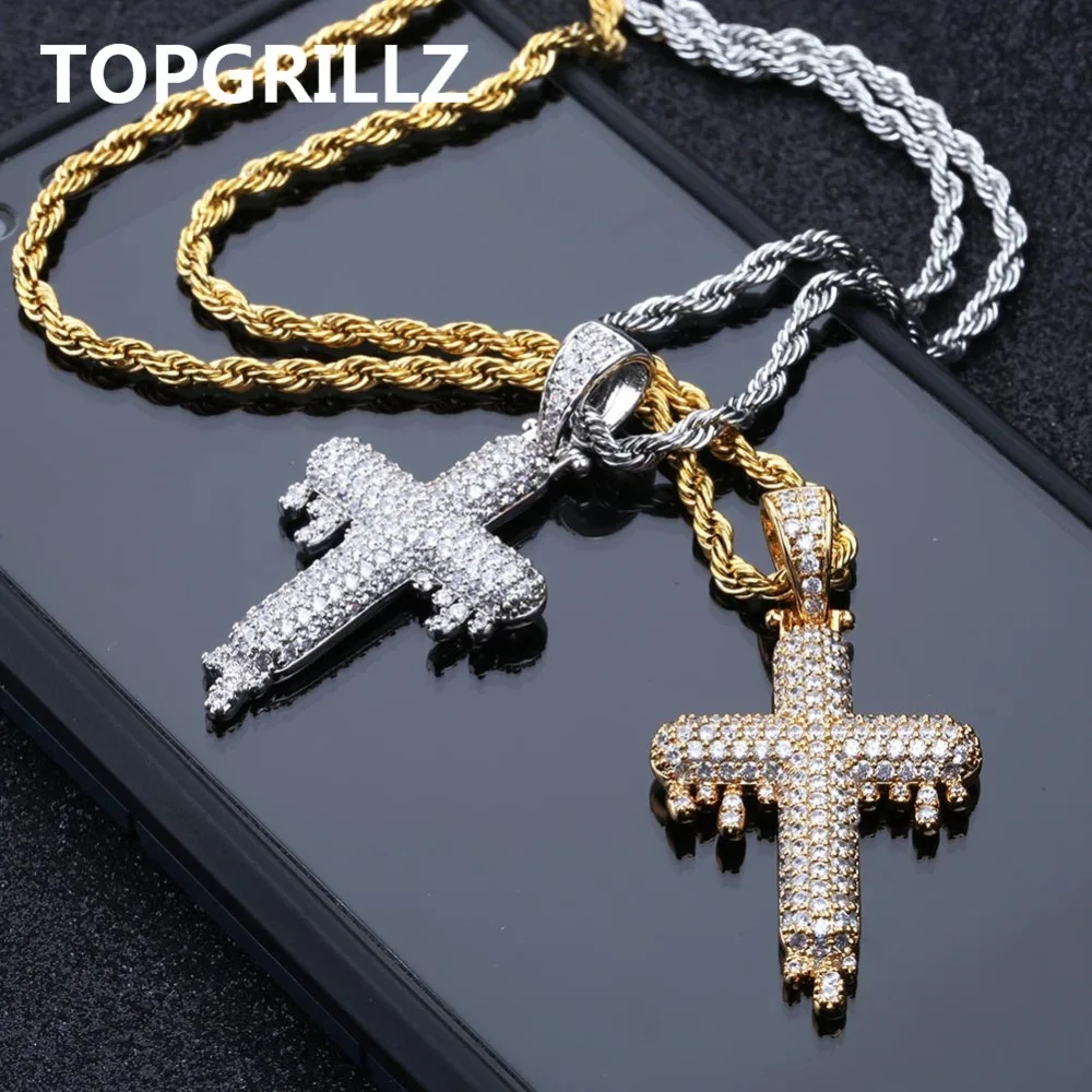

TOPGRILLZ Men's Hip Hop Religious Drop Cross Pendant Gold Silver Color Cubic Zircon Jewelry Necklaces Gifts Rope Chain