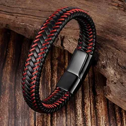 Gioielli da uomo alla moda Bracciale in corda di cuoio intrecciata rossa Braccialetti con fibbia magnetica nera Fascia da polso da uomo punk Pulsera Hombre