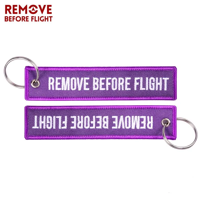 Fashion REMOVE BEFORE FLIGHT Key Chains Purple Embroidery Aviation Keychain for Cars Motorcycles OEM Key Fobs Key Ring Tags