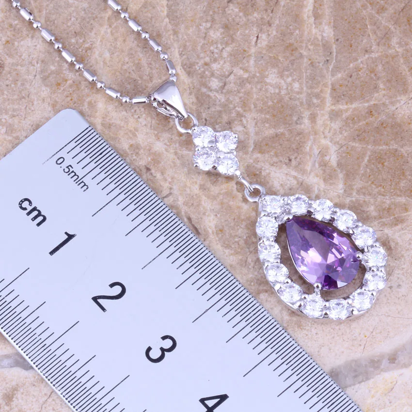 Purple Cubic Zirconia White CZ Silver Plated Jewelry Sets Earrings Pendant Ring Size 5 / 6 / 7 / 8 / 9 / 10 / 11 / 12 S0839