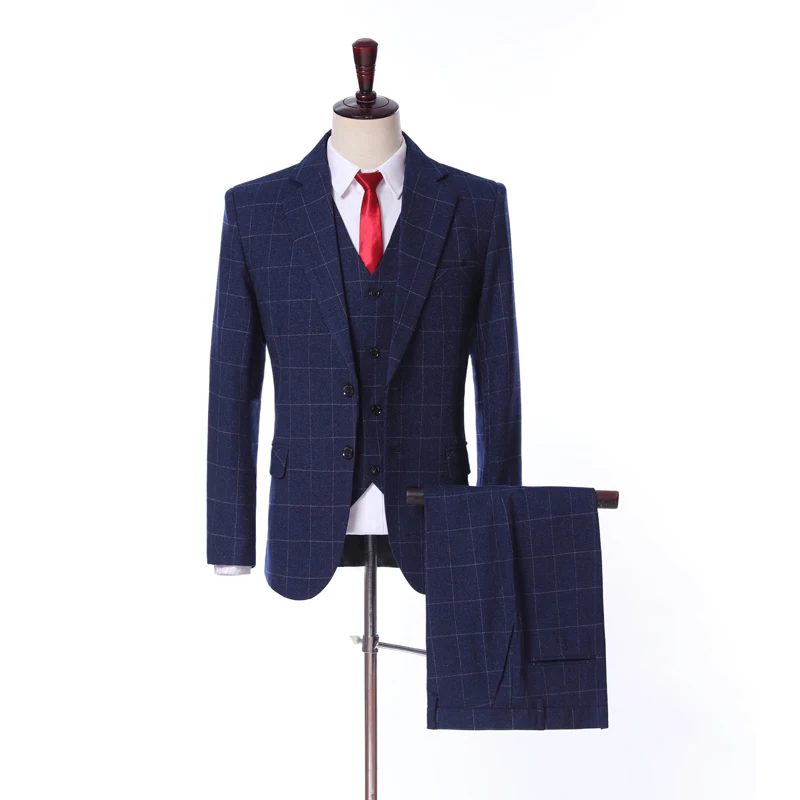 

Real Photo Navy Chequer Groom Tuxedos Men Party Prom Business Suits Coat Waistcoat Trousers Sets Customize