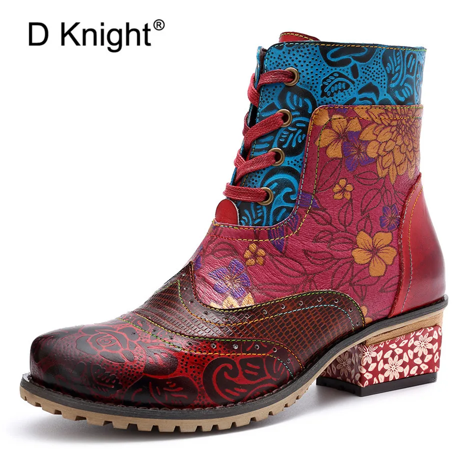 D Knight Vintage Splicing Printed Ankle Boots For Women Shoes Woman Genuine Leather Retro Block Med Heels Fall Winter Women Boot