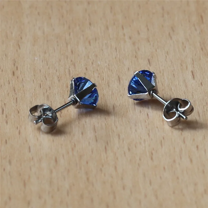 316 L Stainless Steel Stud Earrings  No Fade Allergy Free With 6mm Tanzania Blue Zircon Classical Jewelry For Men And Women