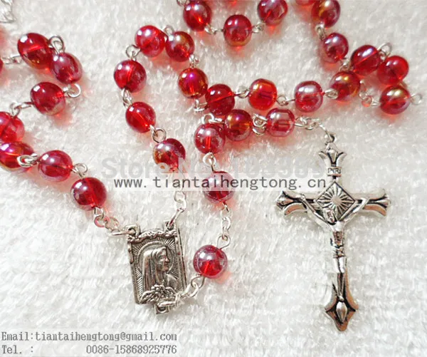 Free shipping beautiful 6mm AB coated red color glass round bead rosary necklace silver chain rosary religious rosario