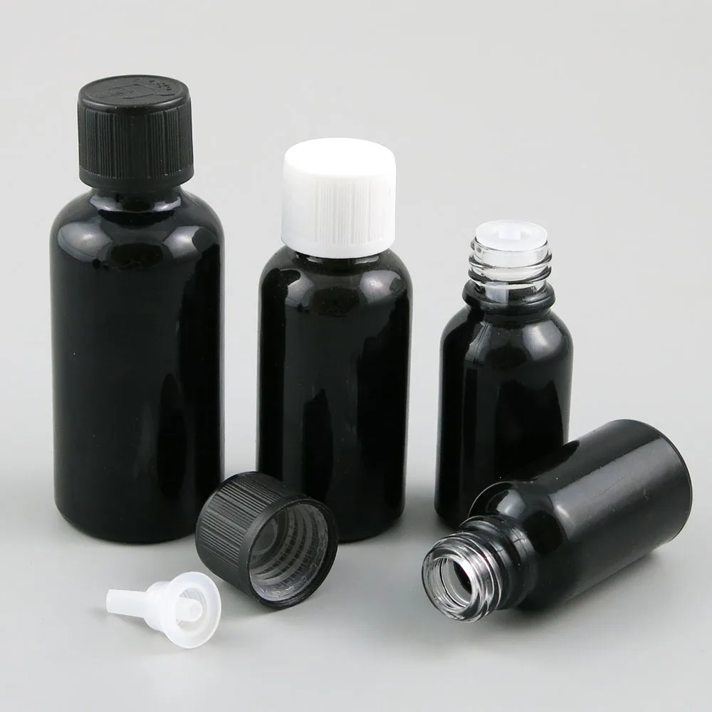 100ml 50ml 30ml 15ml 10ml Travel Shining Black Essential Oil Bottle With Plastic Childproof Cap 1oz Cosmetic Containers 12pcs