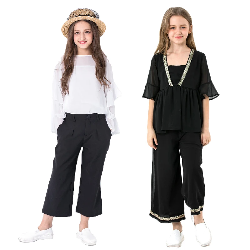 Teenage Girls Clothing Set 2023 Summer Lace T-shirt Wide Leg Pants Jeans Suit Tracksuit  Children Clothes Kids Costume 12 Year