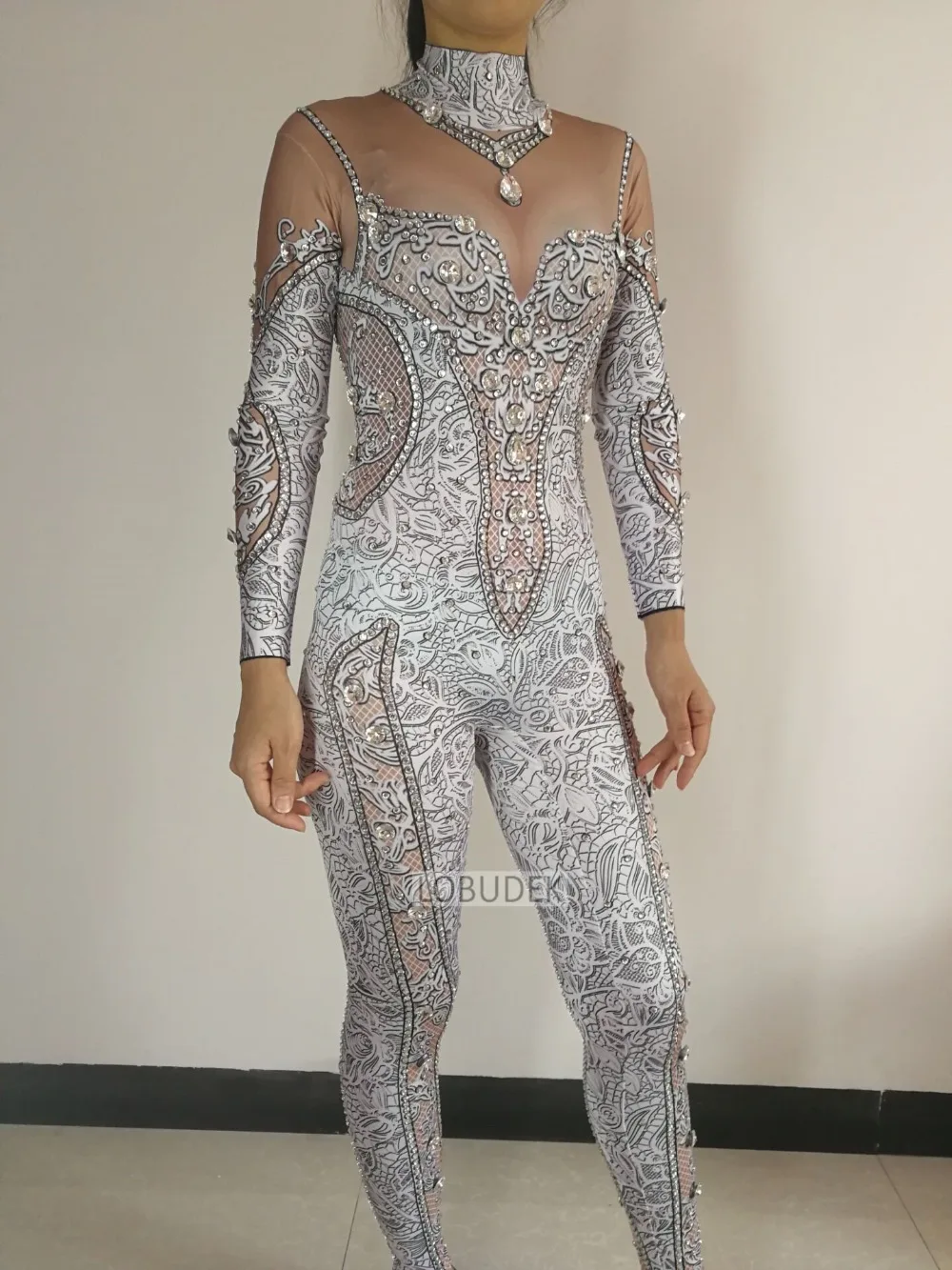 Vintage Printing Rhinestones Skinny Jumpsuit Women Stretch Shining Dance Costume One-piece Bodysuit Nightclub Party Leotard