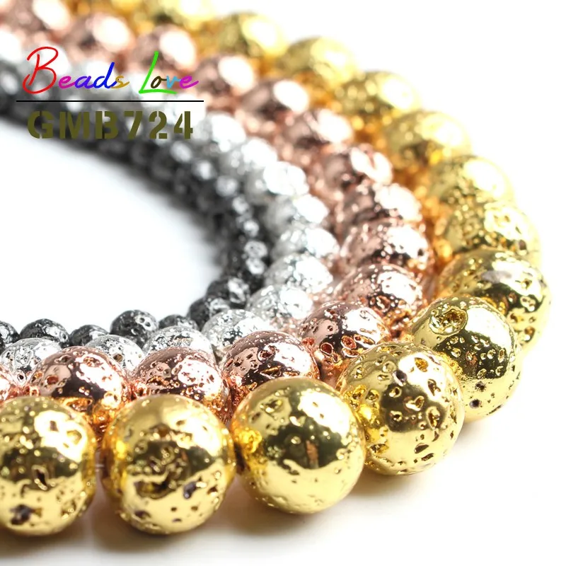 Wholesale Multicolor Plating Lava Stone volcanic rock Round Loose Beads for Jewelry Making DIY Bracelet Necklace 4 6 8 10mm 15\'\'