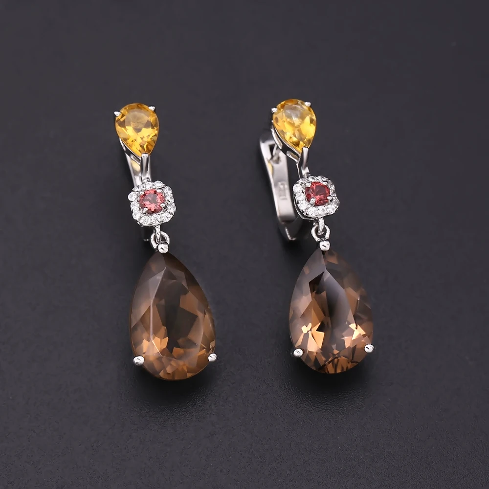 GEM\'S BALLET MixGemstones Natural Smoky Quartz Citrine Garnet Earrings 925 Sterling Silver Drop Earrings For Women Fine Jewelry