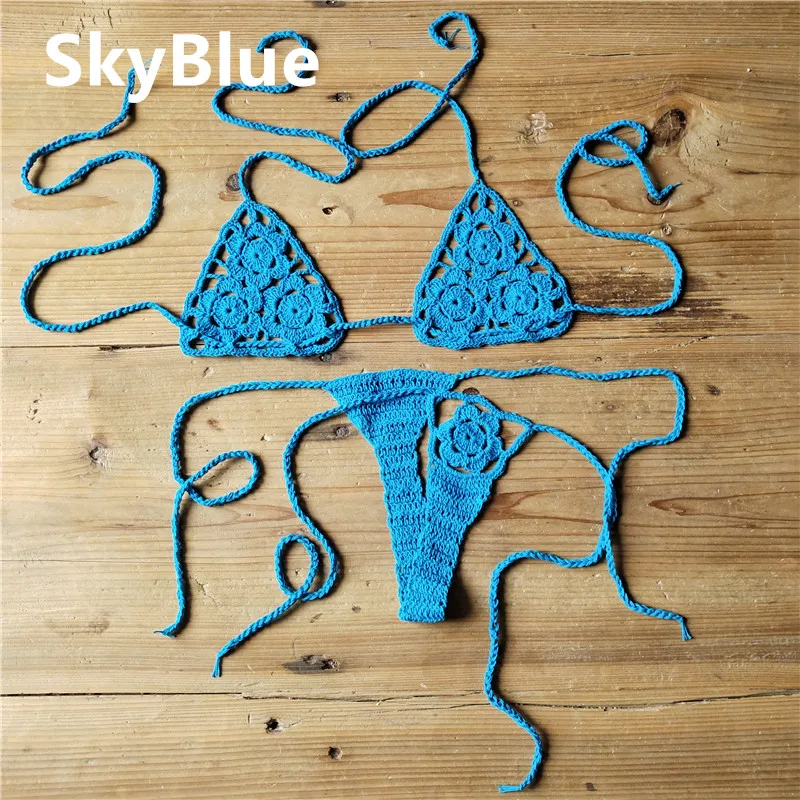 13 Color Handmade Crochet Bikini G Thong String Beach Micro Swimwear Sexy Lingerie Sets Sunbathing