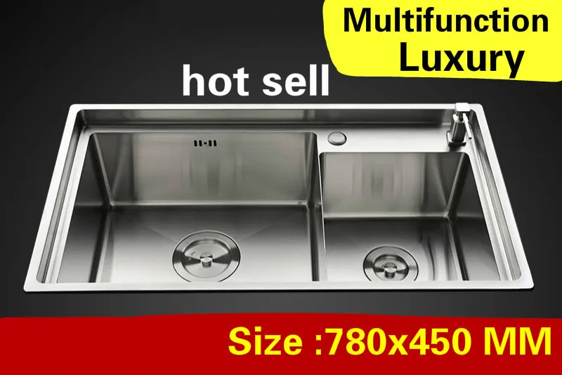 

Free shipping Home multifunction luxury kitchen manual sink double groove high quality 304 stainless steel hot sell 78x45 CM