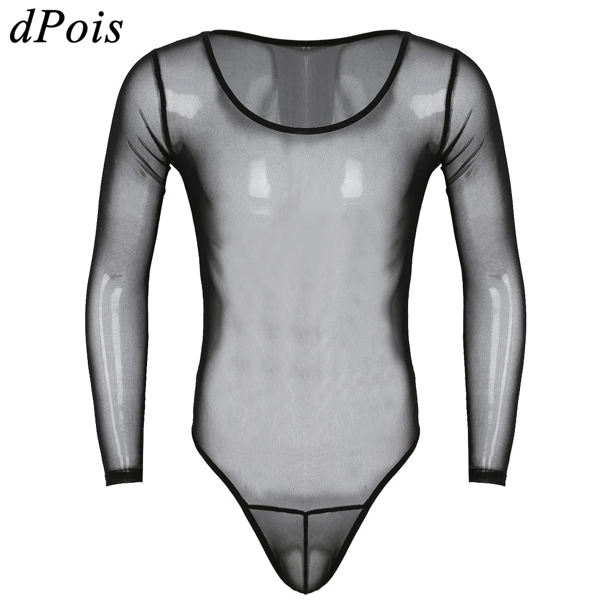 Men Sexy Bodysuit Perspective One Piece Swimsuit O Neck Harness Tights Long Sleeve Leotard Body Suit Nightwear Mesh Lingerie