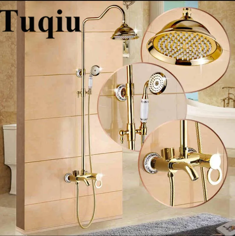 Torneira de banheiro e chuveiro luxuosa estilo europeu, acabamento em latão dourado, conjunto de chuveiro de parede com cabeça de chuveiro