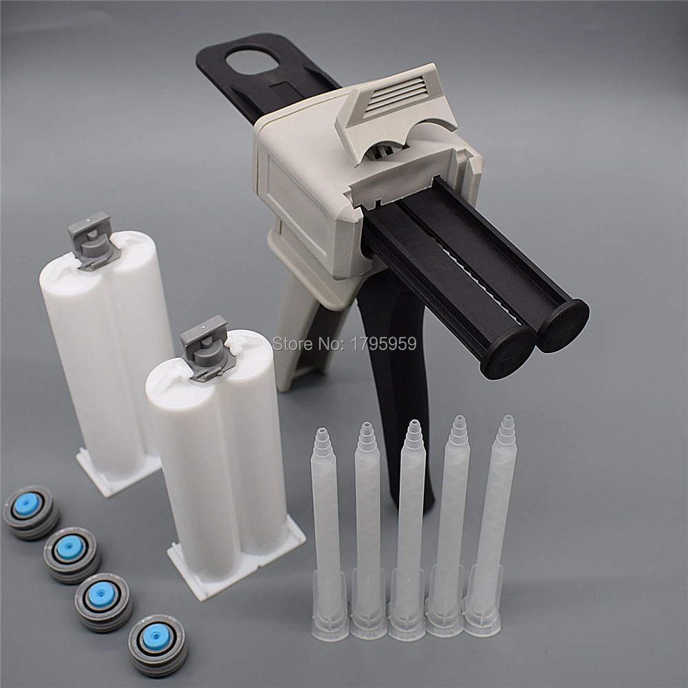 50 ml 1:1 AB Pistola di Colla Applicatore Colla Adhensive Pistola per silicone con 5 pc Statico Ugelli di Miscelazione 2 pc 50 ml Cartuccia di Vuoto Doppia-Barile