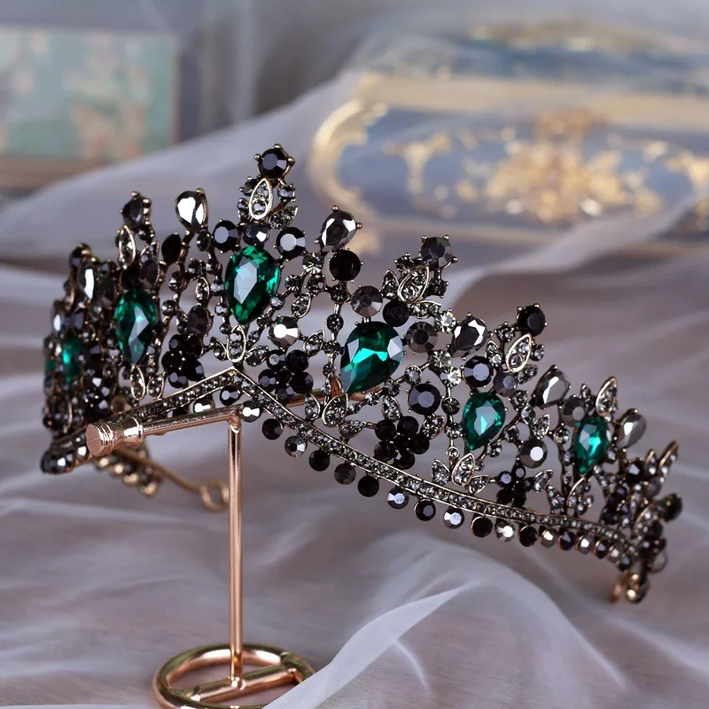 Baroque Bronze Black Green Crystal Bridal Tiaras Crown Vintage Rhinestone Diadem for Brides Headbands Wedding Hair Accessories