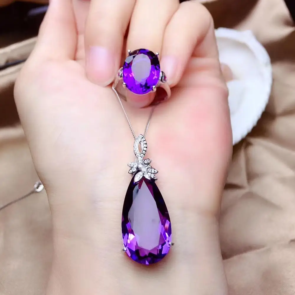 

sale big size natural amethyst gemstone ring and necklace jewelry set for women 925 silver luck birthstone girl party gift