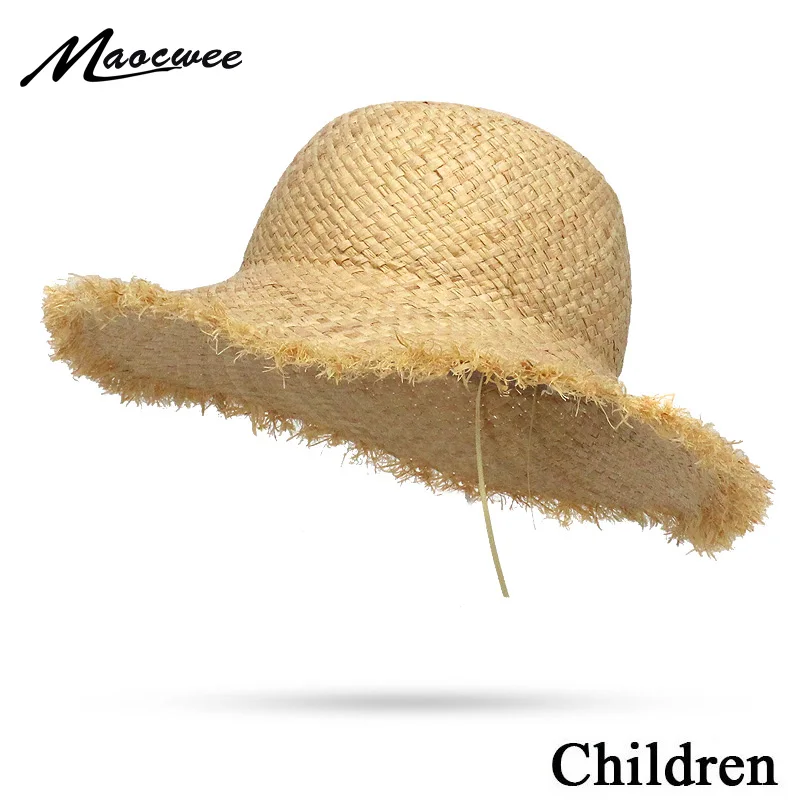 Natural Large Wide Brim Raffia Straw Children Hats Woven Circle Beach Girl Cap Summer Hollow Out Big Straw Child Hat 2019