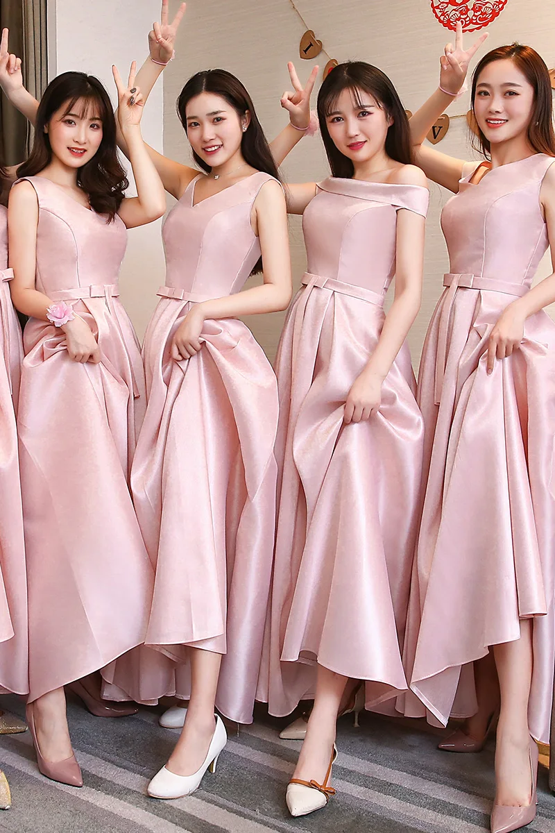 Lente Zomer Vrouwen Roze Lange Satijnen Bruidsmeisje Jurken Bruid Zus Jaarlijkse Prom Wedding Party Dress Lace Up Graduation Vestidos