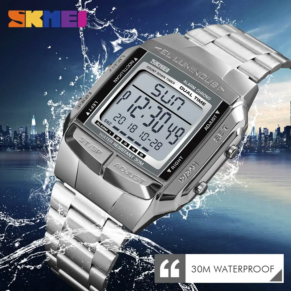 SKMEI Countdown Large Dial Glass Mirror Watch Fashion Outdoor Sports Watch Men Digital Watches Alarm Clock Relogio Masculino