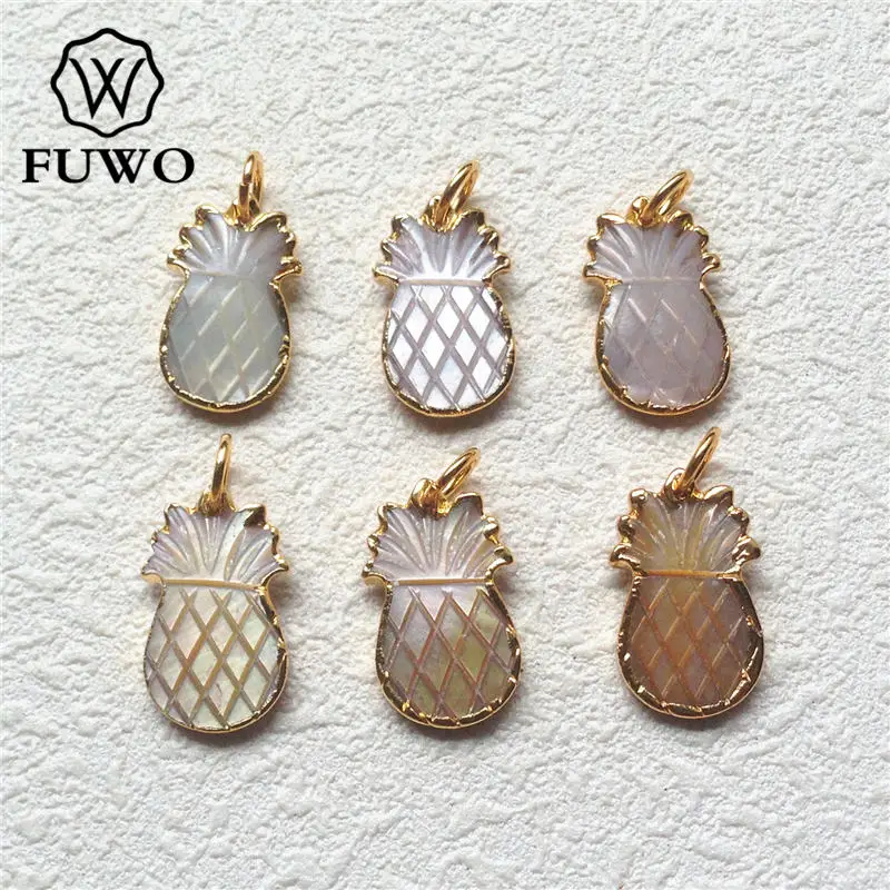 FUWO Natural Shell Pineapple Charm Pendant With Golden Filled Edge Genuine Sea Shell Carved Pendant For Jewelry Making PD551