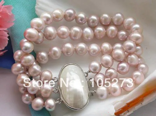 New Arriver Pearl Jewelry 3Rows 9-10mm Lavender Round Freshwater Cultured Pearl Bracelet Fashion Lady's Party Wedding Style