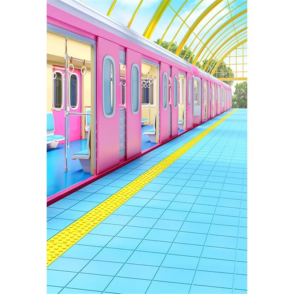 Pink Subway Gates Photography Backdrop Blue Floor Curtains Printed Yellow Line Baby Girl Kids Children Photo Studio Backgrounds