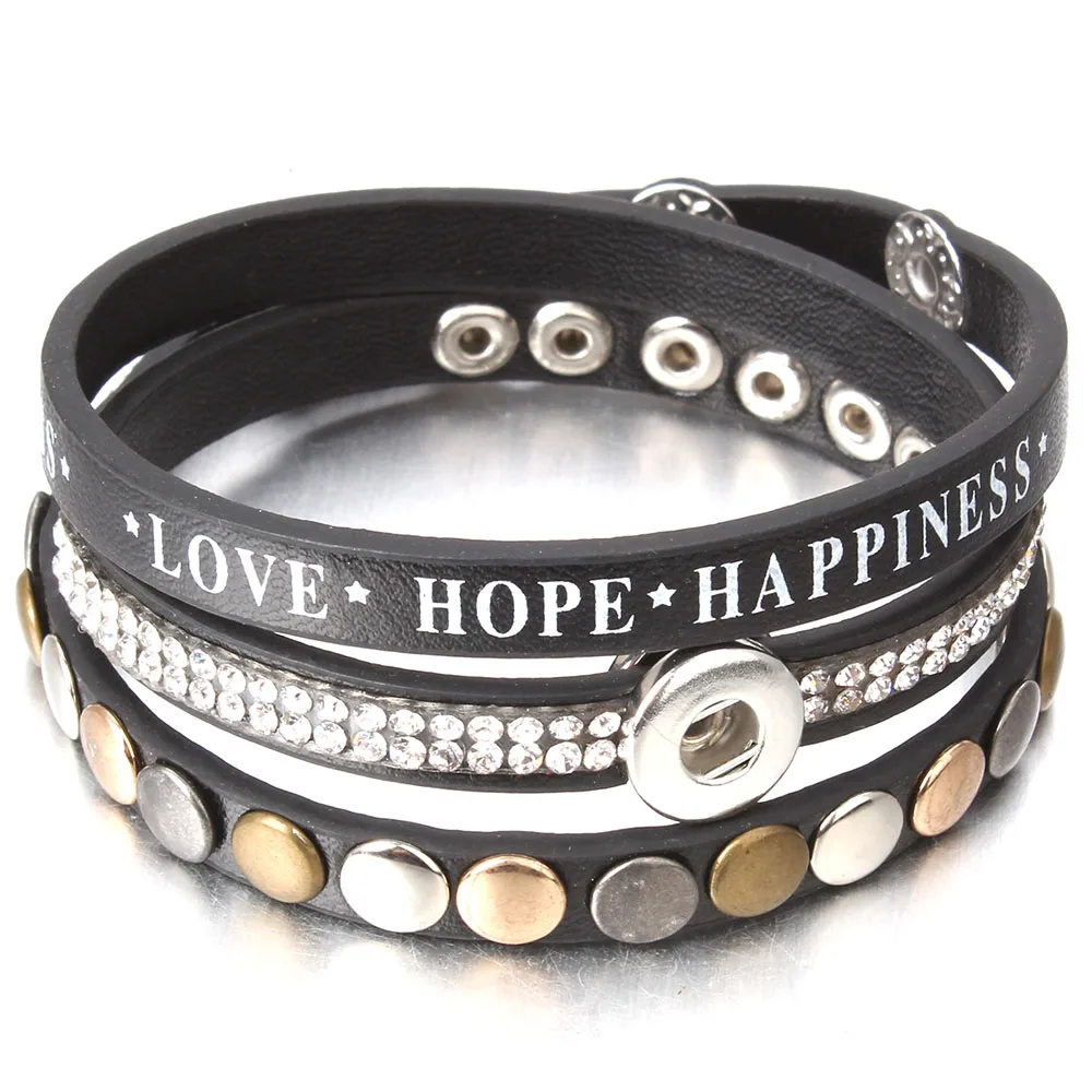 Hot Sale Leather 12mm Snap Button Bracelet Watches Fit 12mm Snap Jewelry Love Hope Happiness Leather Bracelet for Women Men Gift