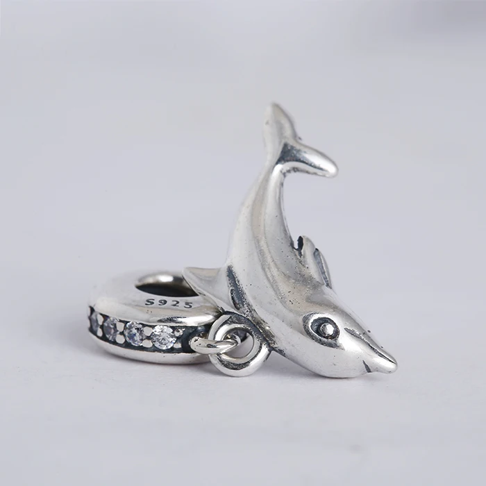 Summer Playful Dolphin Charms Original 925 Sterling Silver Clear CZ Dangle Animal Charms Fits Pandora Bracelet beads diy