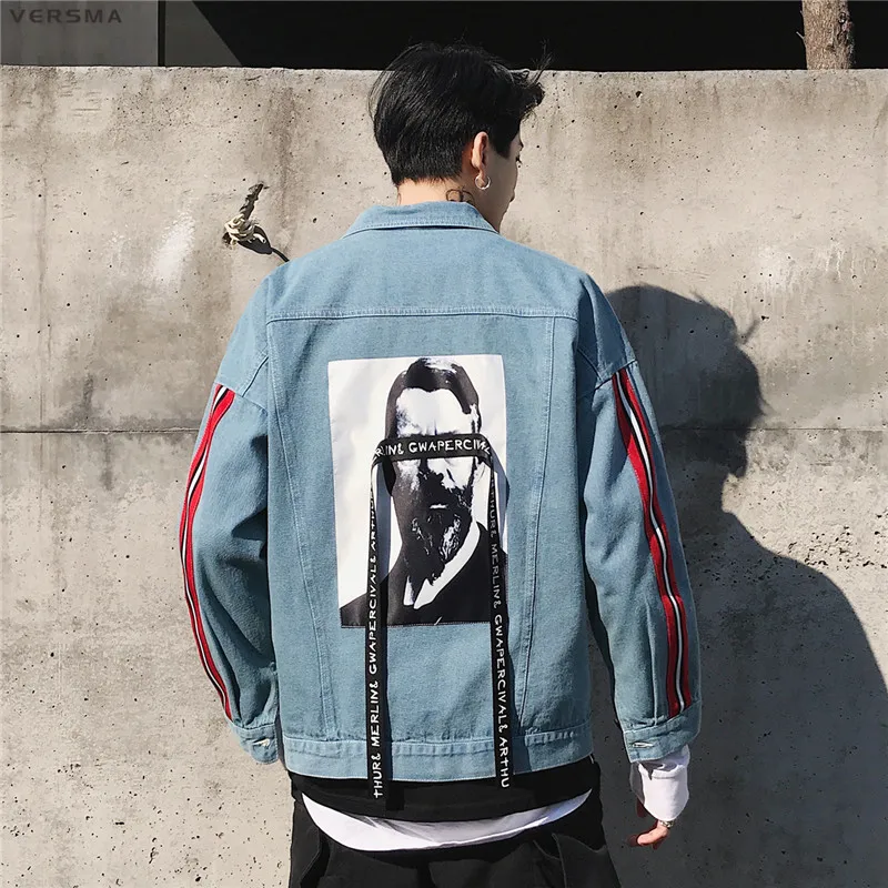 

VERSMA 2018 Autumn Japanese Harajuku BF Ripped Denim Jacket Coat Men High Street Hip Hop Ribbon Patchwork Oversize Jackets Coats