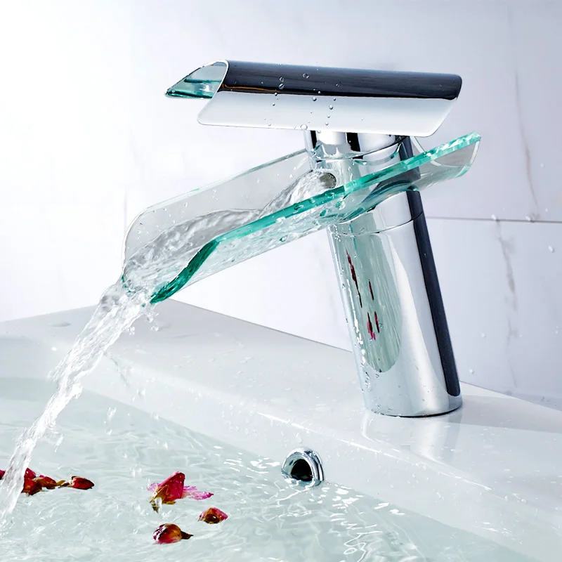 ROVATE Bathroom Basin Faucet   Waterfall Spout Glass Brass Chrome Nickel Brushed Cold and Hot Mixer Water Sink Tap