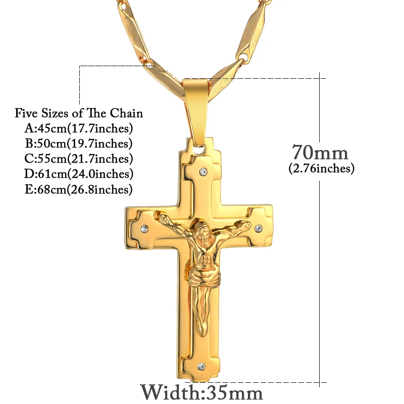 Big Stainless Steel Necklace Chain 4 Size Gold Color Christian Jewelry Jesus Crucifix Men\'s Cross Pendant Necklace For Men xl999